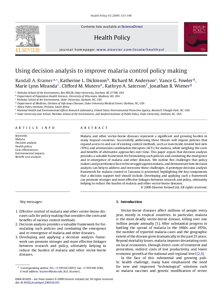 عکس صفحه اول مقاله: Using decision analysis to improve malaria control policy making Using decision analysis to improve malaria control policy making