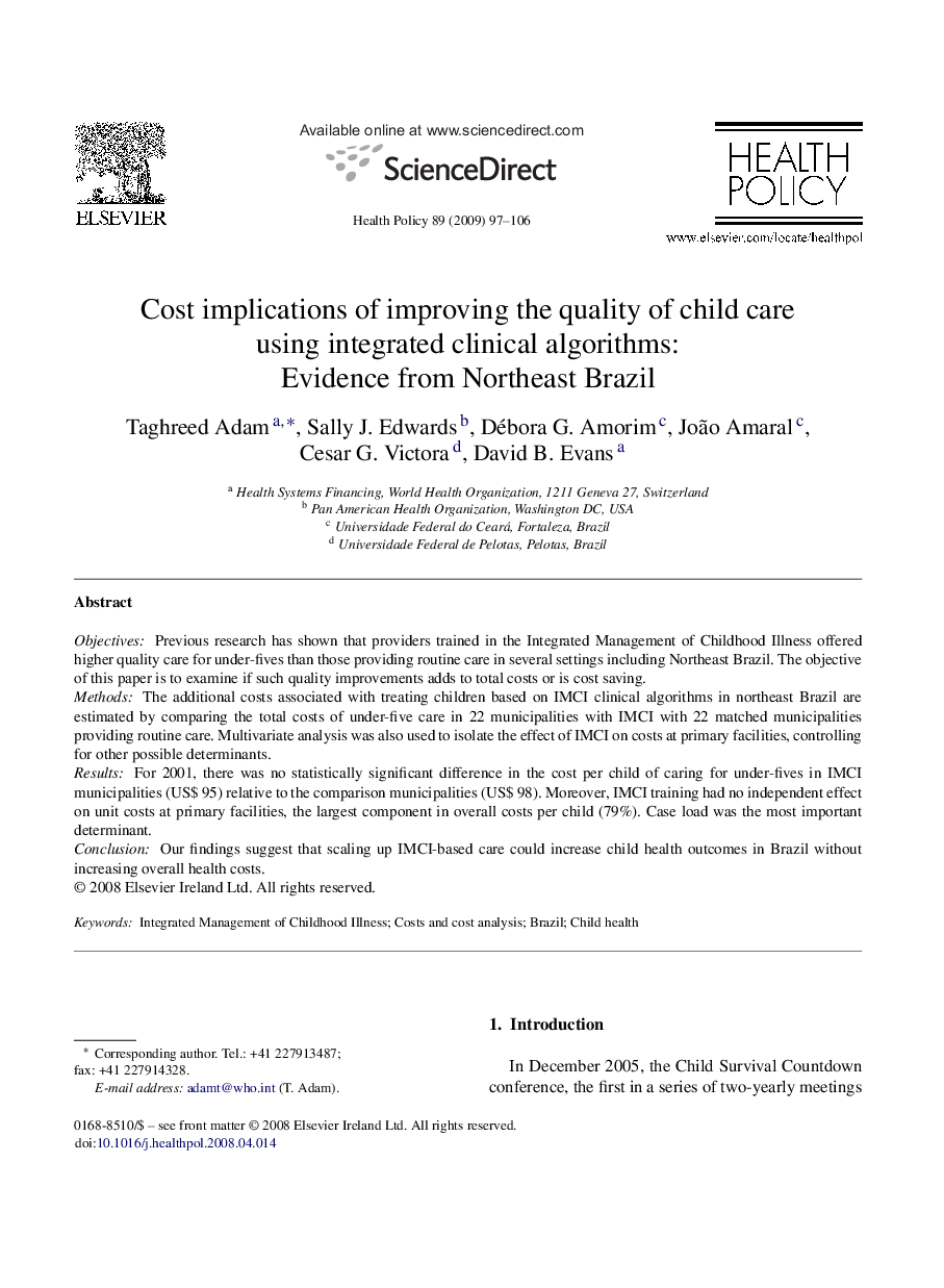 Cost implications of improving the quality of child care using integrated clinical algorithms: Evidence from Northeast Brazil