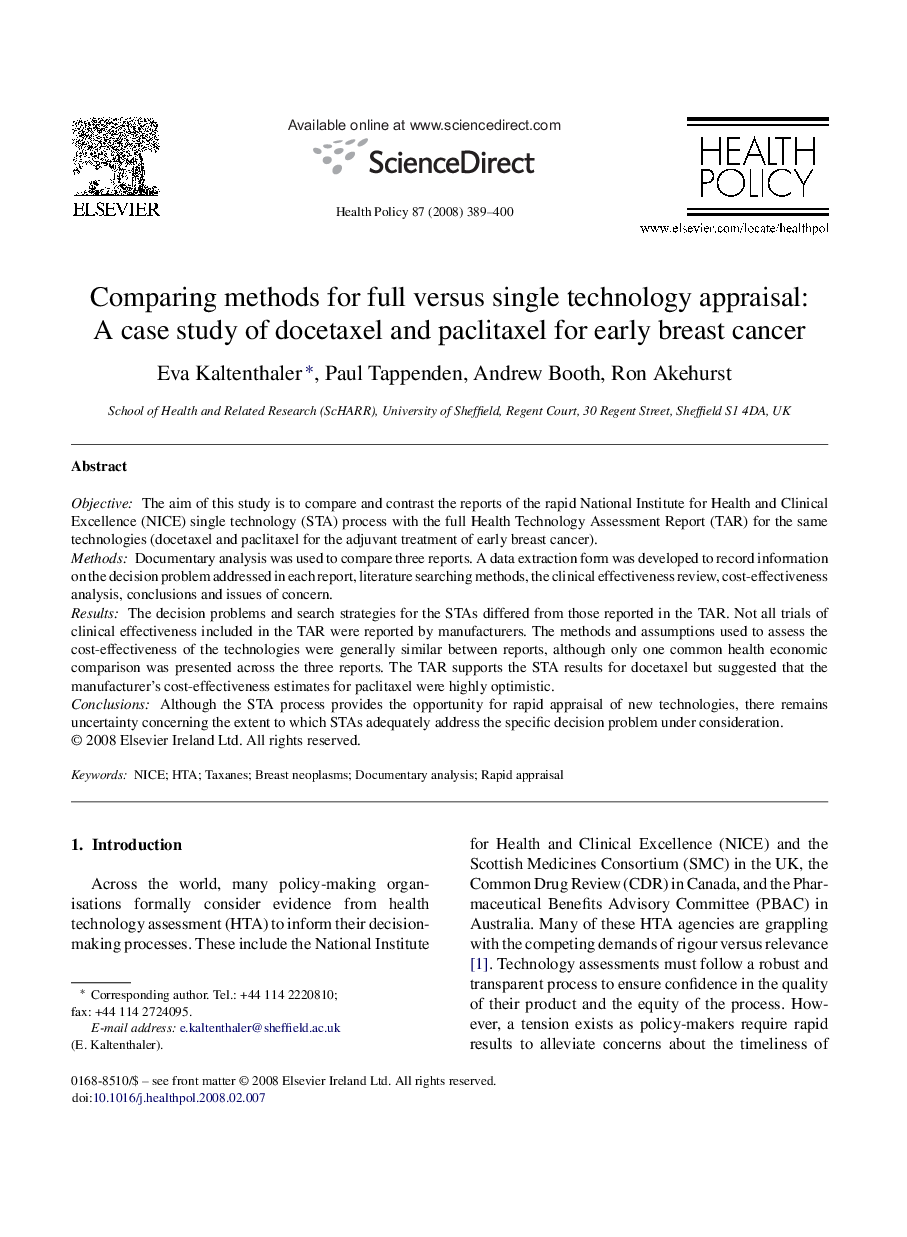 Comparing methods for full versus single technology appraisal: A case study of docetaxel and paclitaxel for early breast cancer