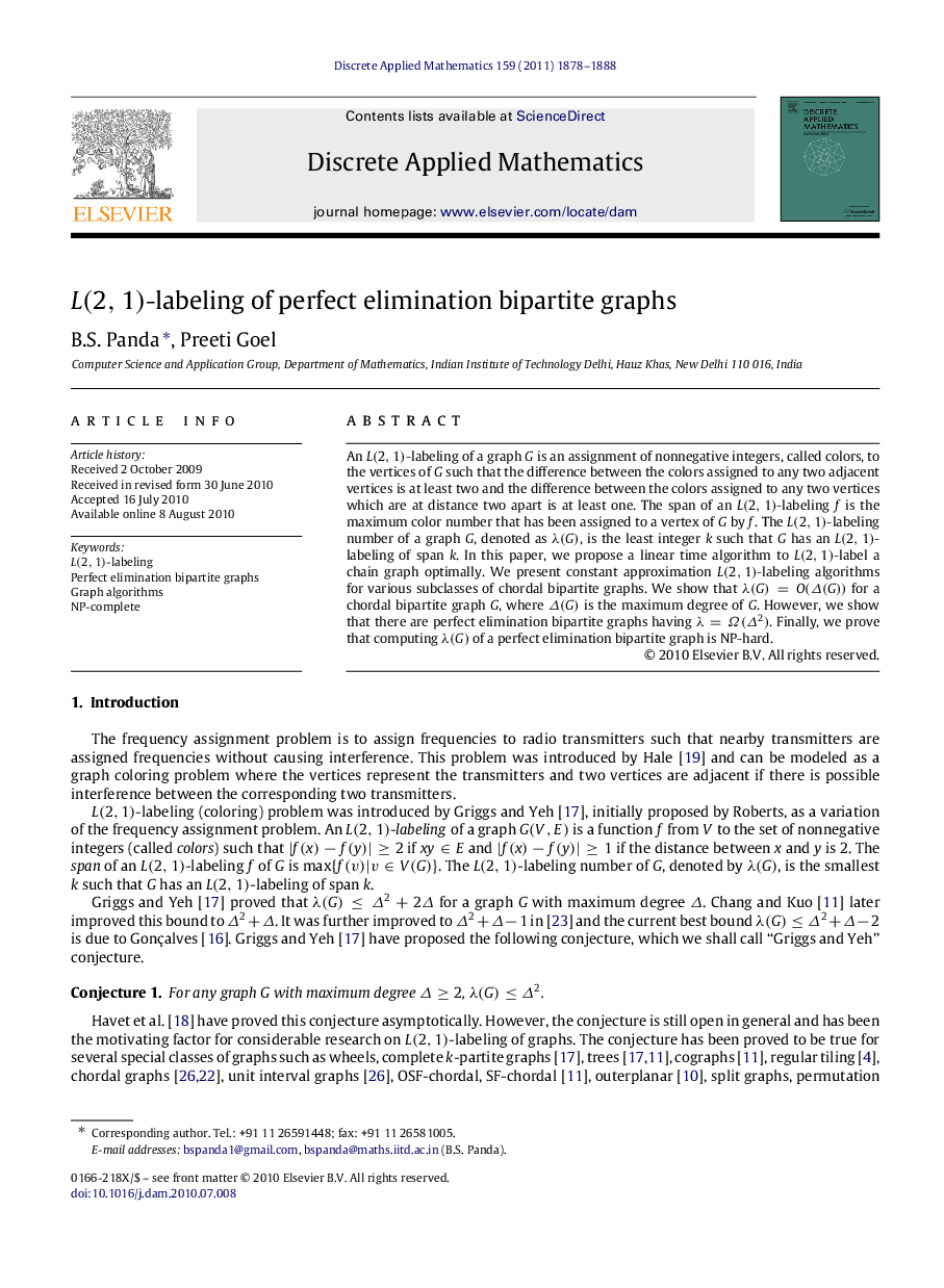 L(2,1)L(2,1)-labeling of perfect elimination bipartite graphs