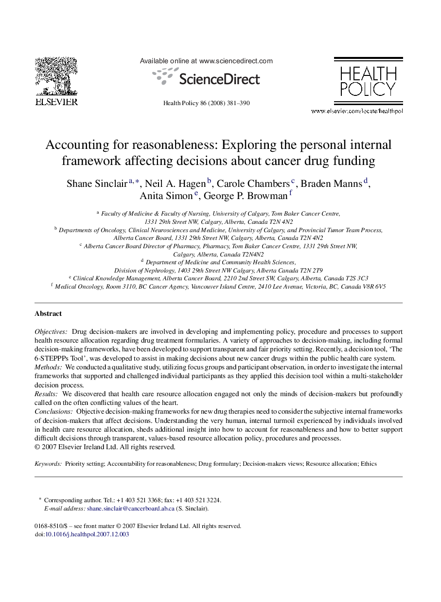 Accounting for reasonableness: Exploring the personal internal framework affecting decisions about cancer drug funding