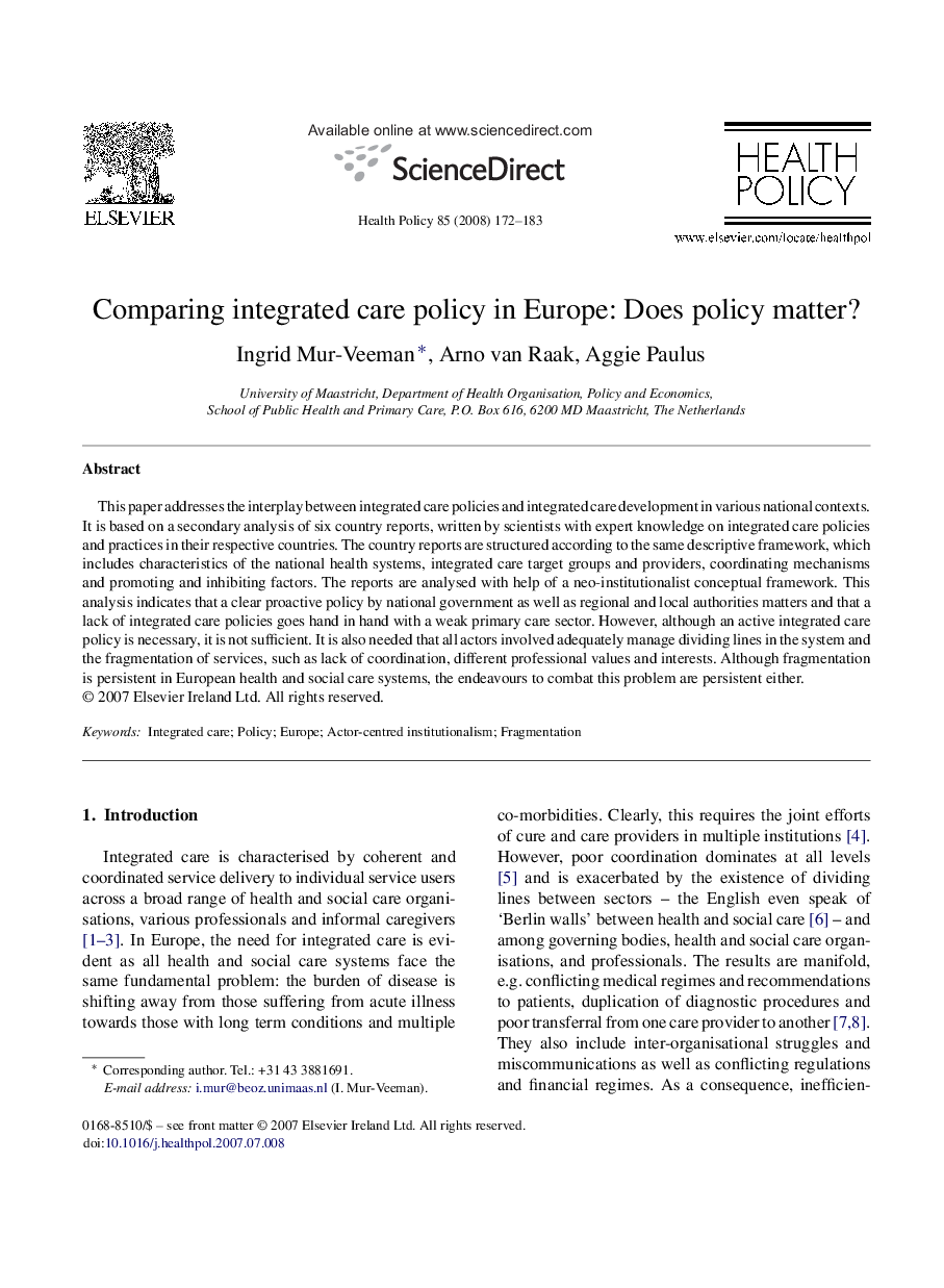 Comparing integrated care policy in Europe: Does policy matter?