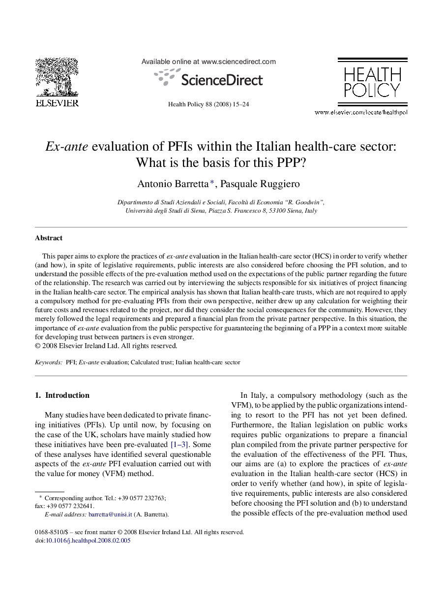 Ex-ante evaluation of PFIs within the Italian health-care sector: What is the basis for this PPP?