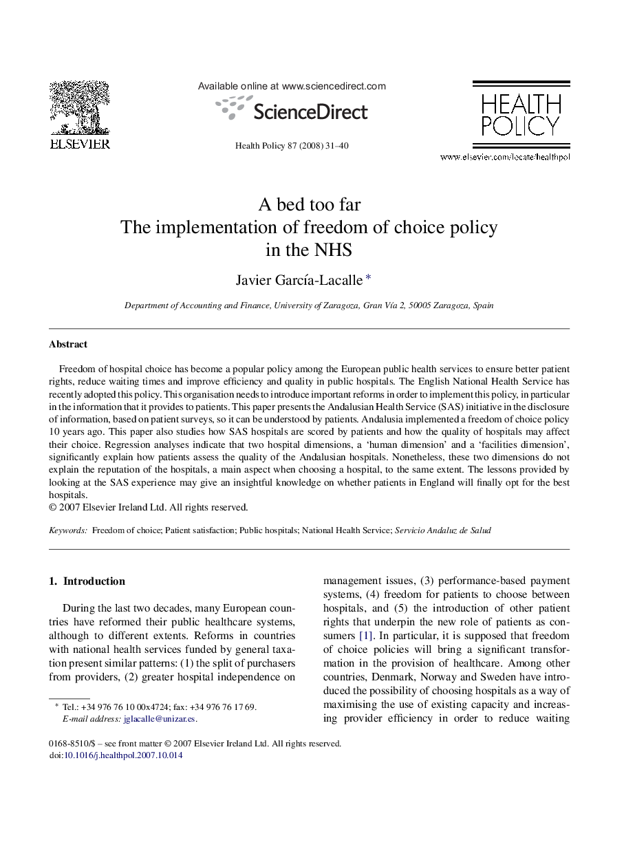 A bed too far: The implementation of freedom of choice policy in the NHS