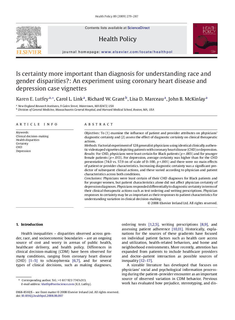 Is certainty more important than diagnosis for understanding race and gender disparities?: An experiment using coronary heart disease and depression case vignettes