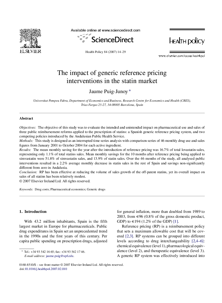 The impact of generic reference pricing interventions in the statin market