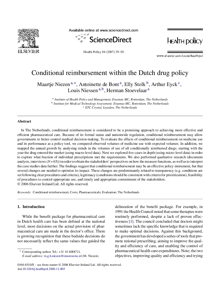 Conditional reimbursement within the Dutch drug policy