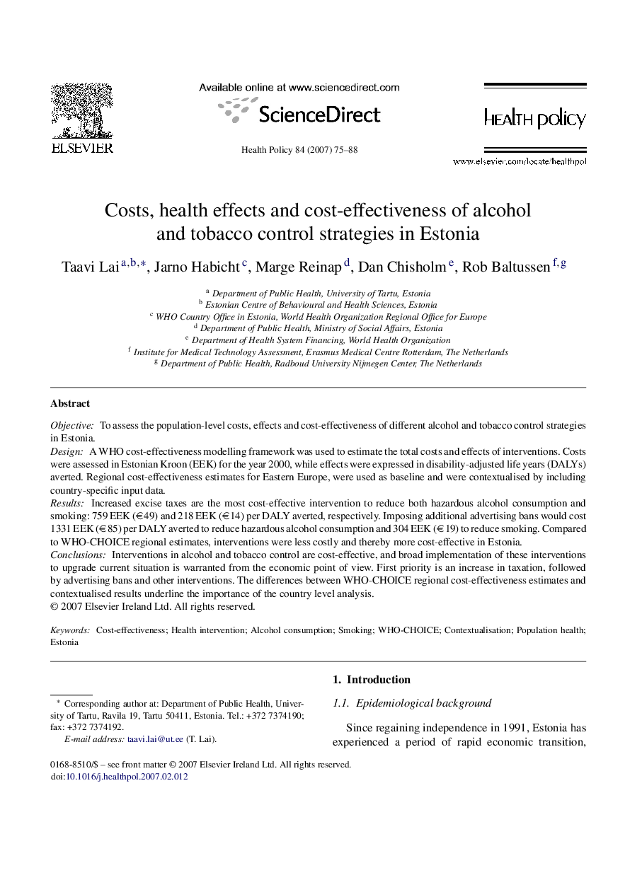 Costs, health effects and cost-effectiveness of alcohol and tobacco control strategies in Estonia