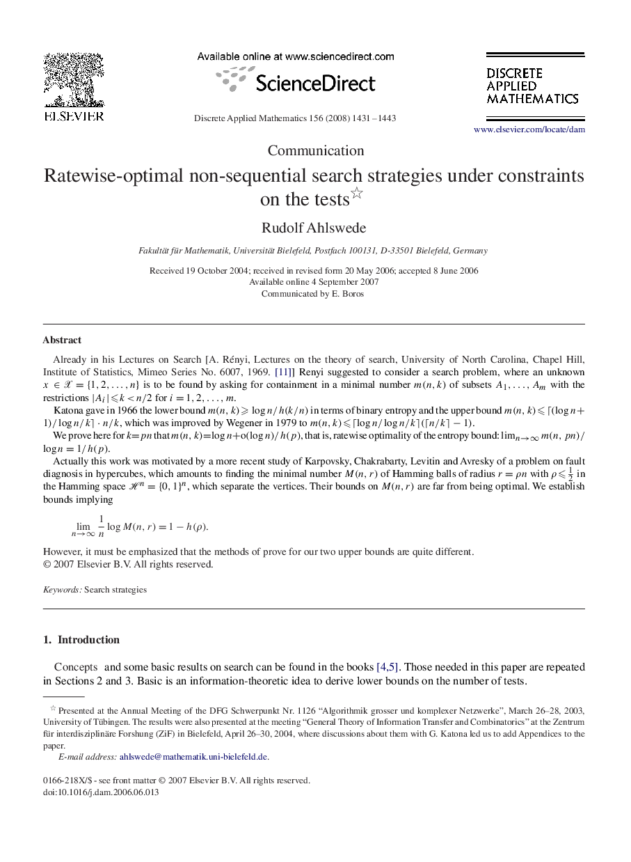 Ratewise-optimal non-sequential search strategies under constraints on the tests 