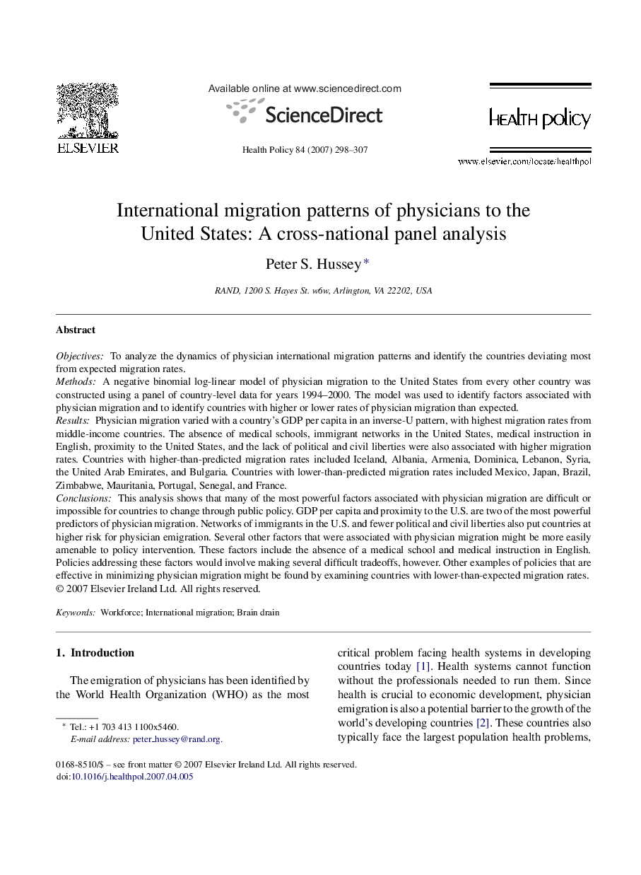 International migration patterns of physicians to the United States: A cross-national panel analysis