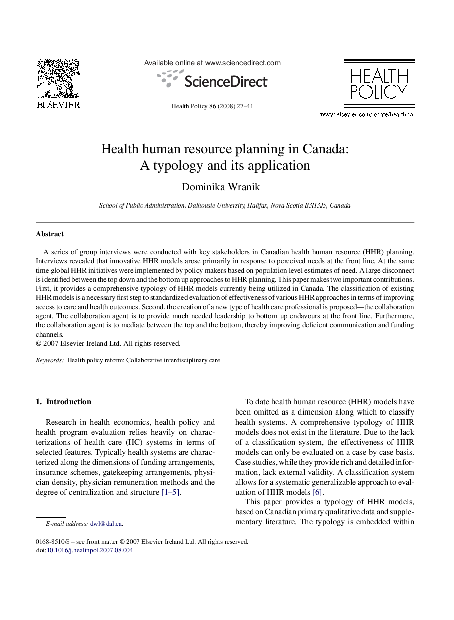 Health human resource planning in Canada: A typology and its application