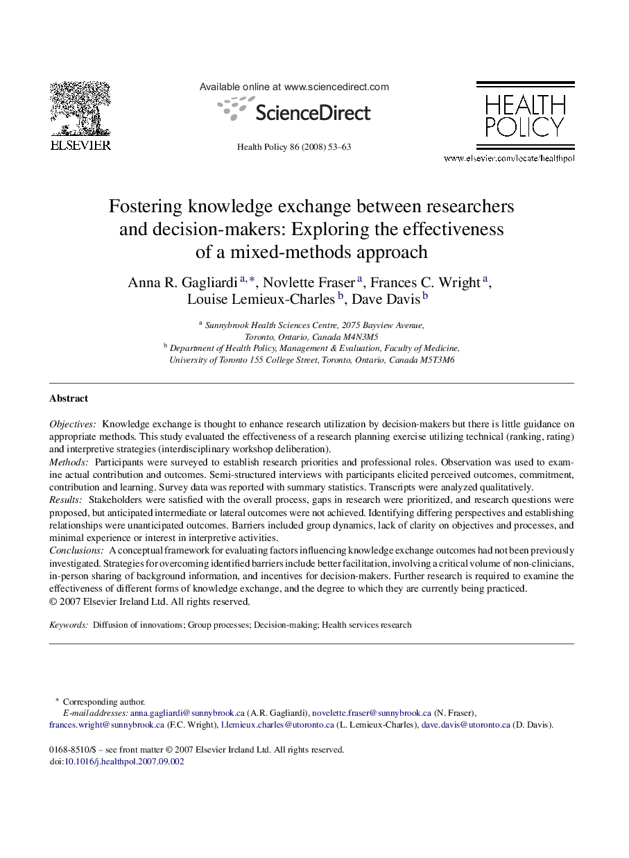 Fostering knowledge exchange between researchers and decision-makers: Exploring the effectiveness of a mixed-methods approach