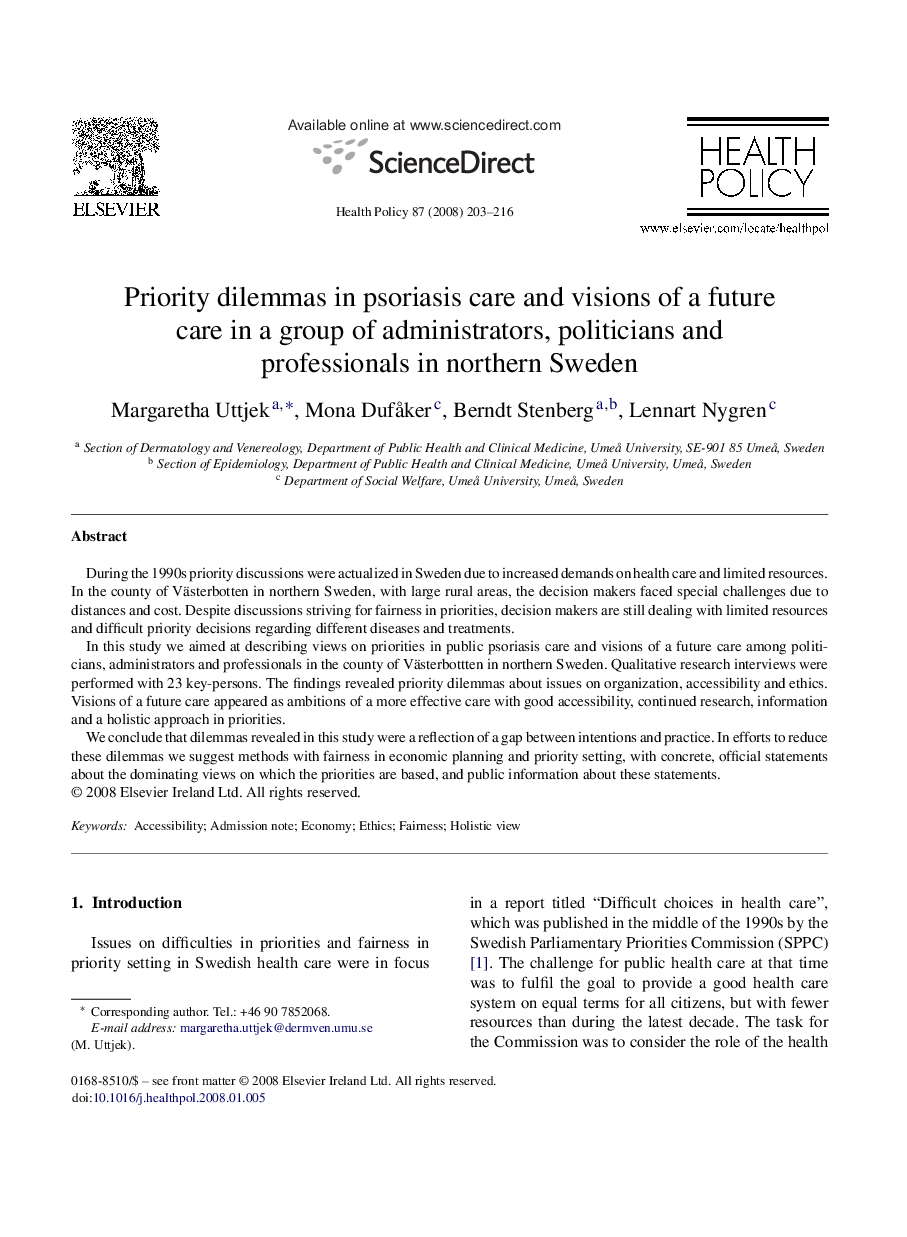 Priority dilemmas in psoriasis care and visions of a future care in a group of administrators, politicians and professionals in northern Sweden