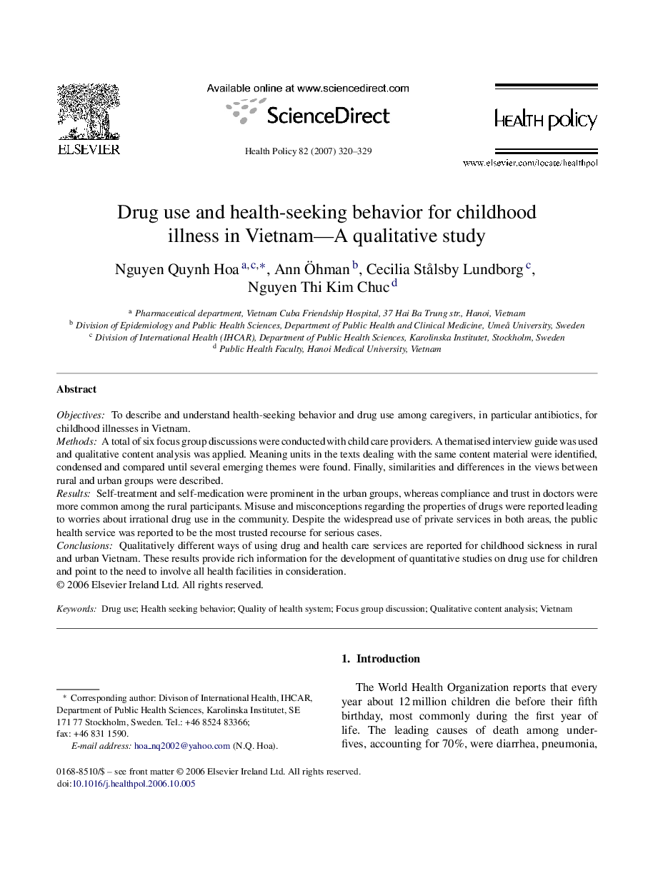 Drug use and health-seeking behavior for childhood illness in Vietnam—A qualitative study