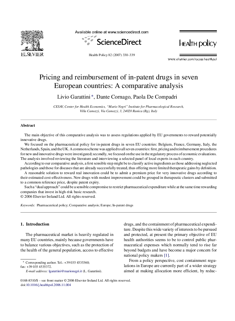 Pricing and reimbursement of in-patent drugs in seven European countries: A comparative analysis