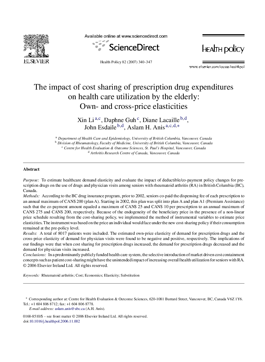 The impact of cost sharing of prescription drug expenditures on health care utilization by the elderly: Own- and cross-price elasticities