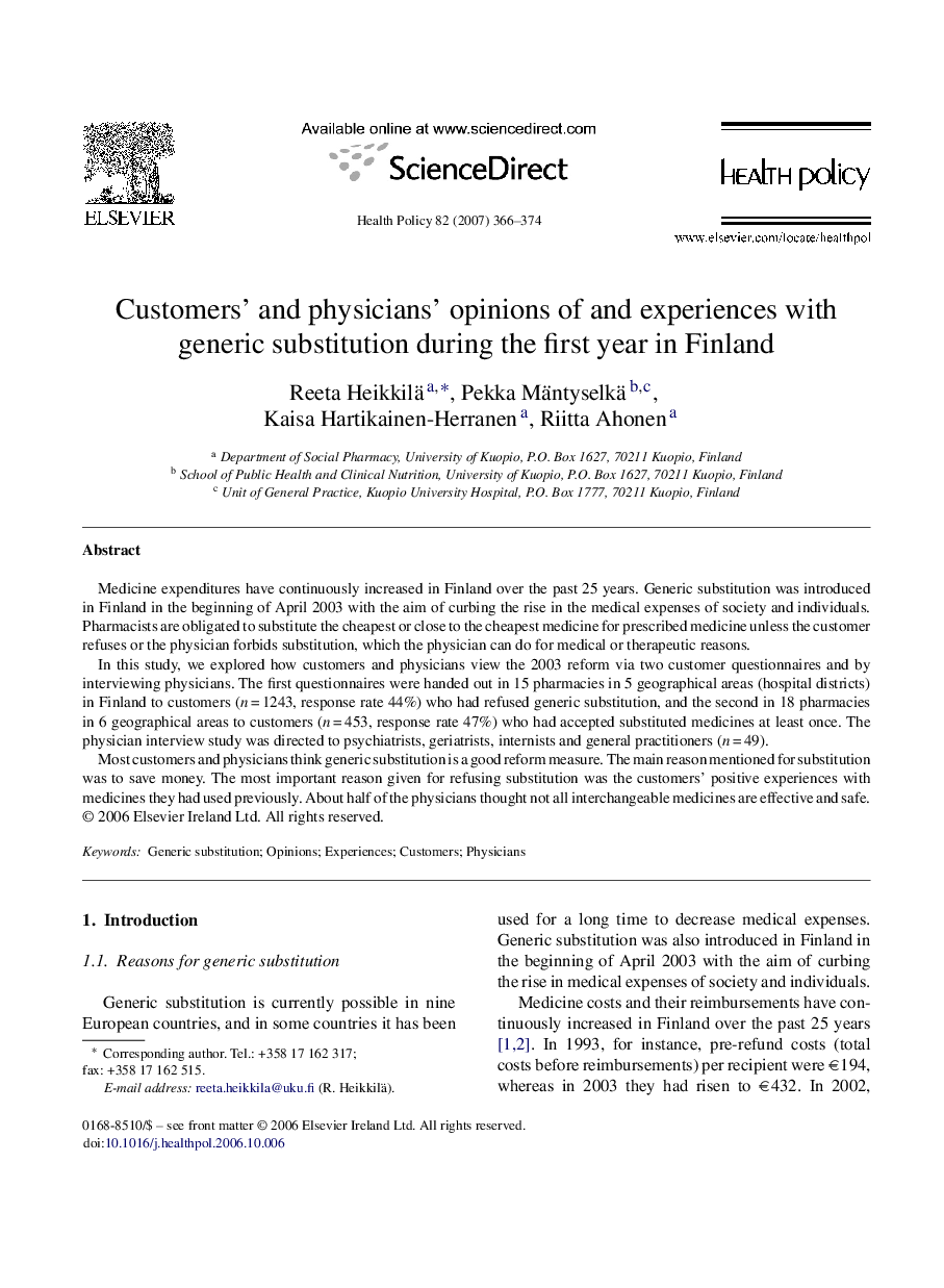 Customers’ and physicians’ opinions of and experiences with generic substitution during the first year in Finland