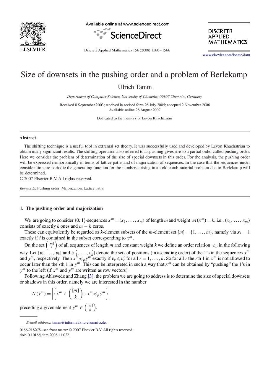 Size of downsets in the pushing order and a problem of Berlekamp