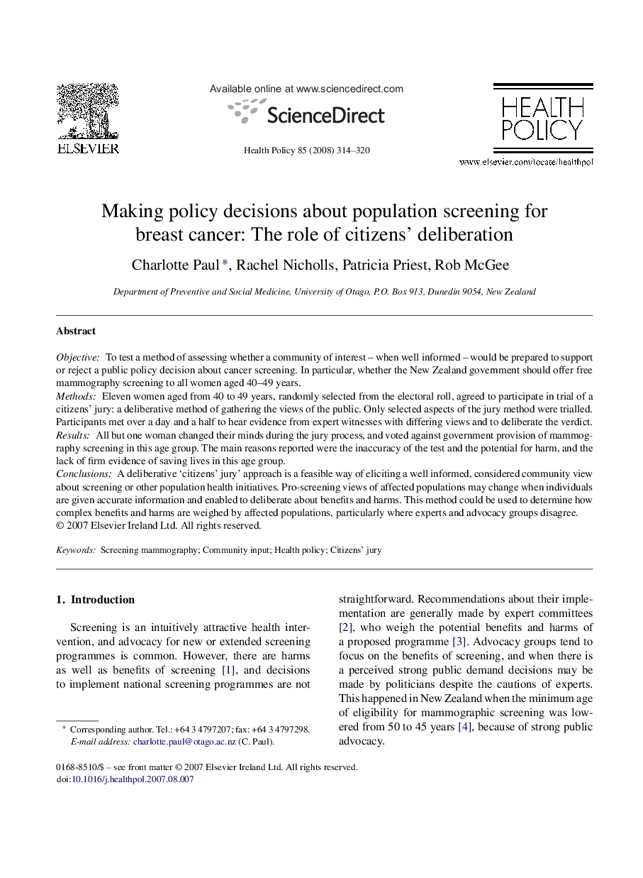 Making policy decisions about population screening for breast cancer: The role of citizens’ deliberation