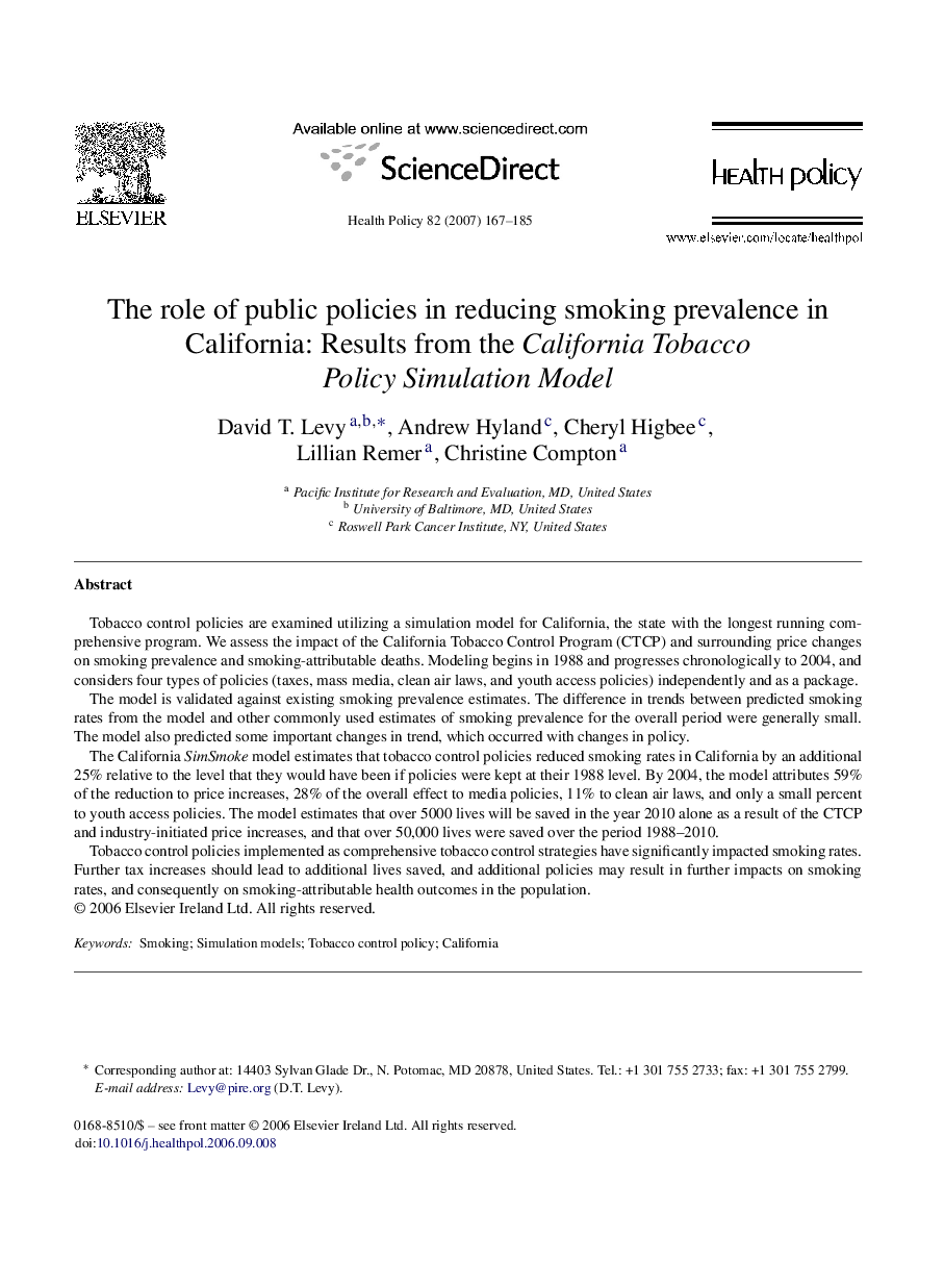 The role of public policies in reducing smoking prevalence in California: Results from the California Tobacco Policy Simulation Model
