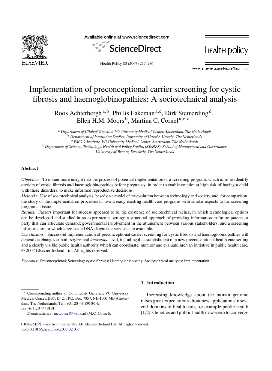 Implementation of preconceptional carrier screening for cystic fibrosis and haemoglobinopathies: A sociotechnical analysis