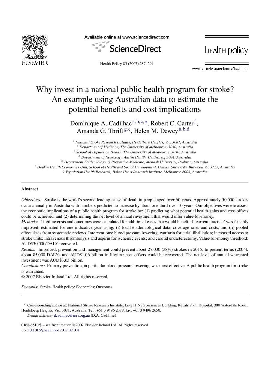Why invest in a national public health program for stroke?: An example using Australian data to estimate the potential benefits and cost implications