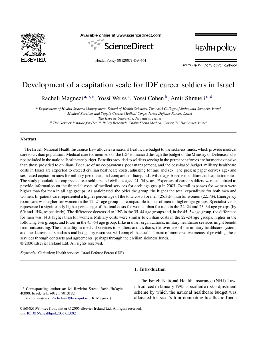 Development of a capitation scale for IDF career soldiers in Israel