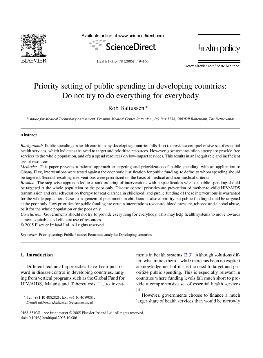 Priority setting of public spending in developing countries: Do not try to do everything for everybody
