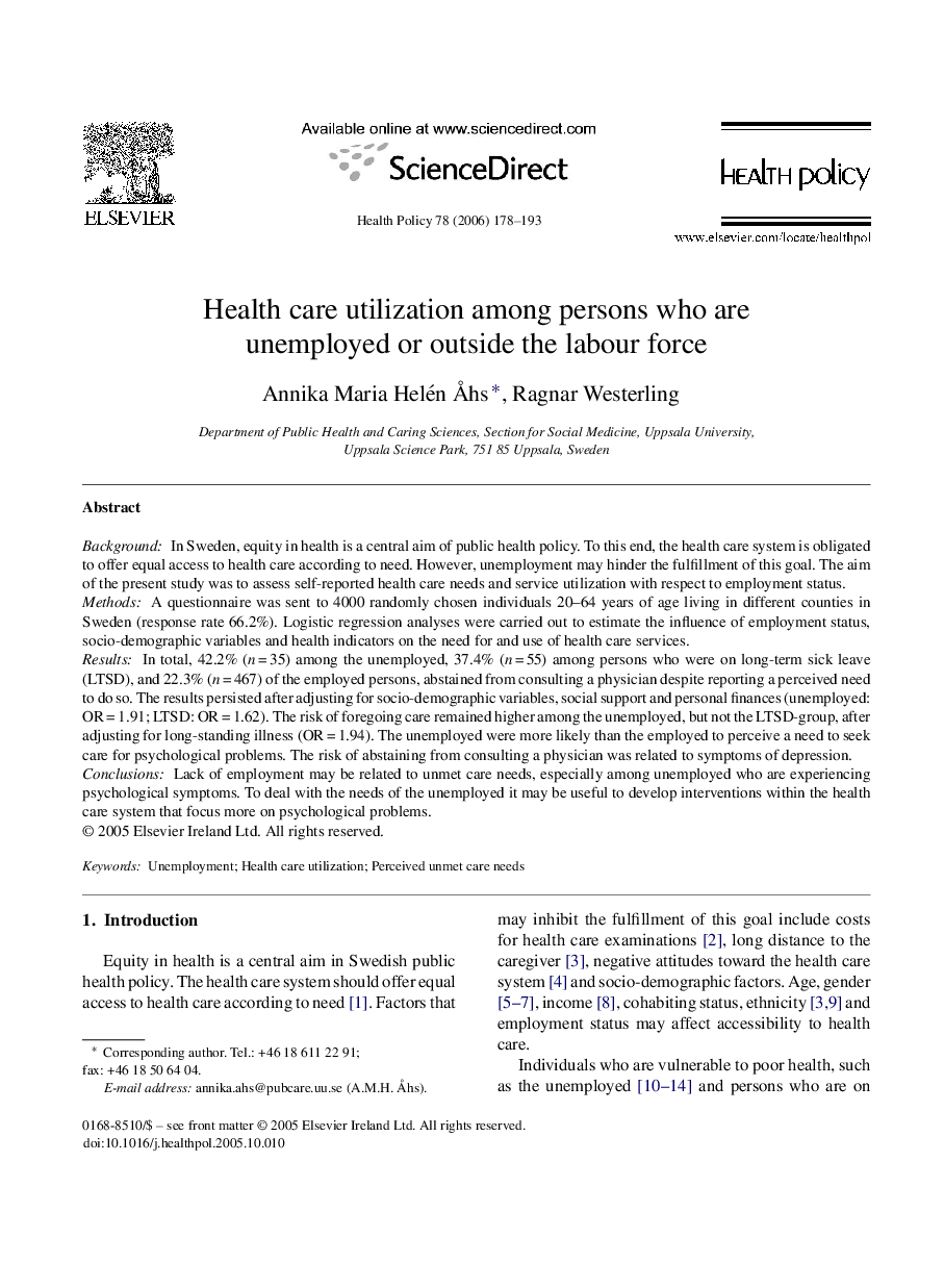 Health care utilization among persons who are unemployed or outside the labour force