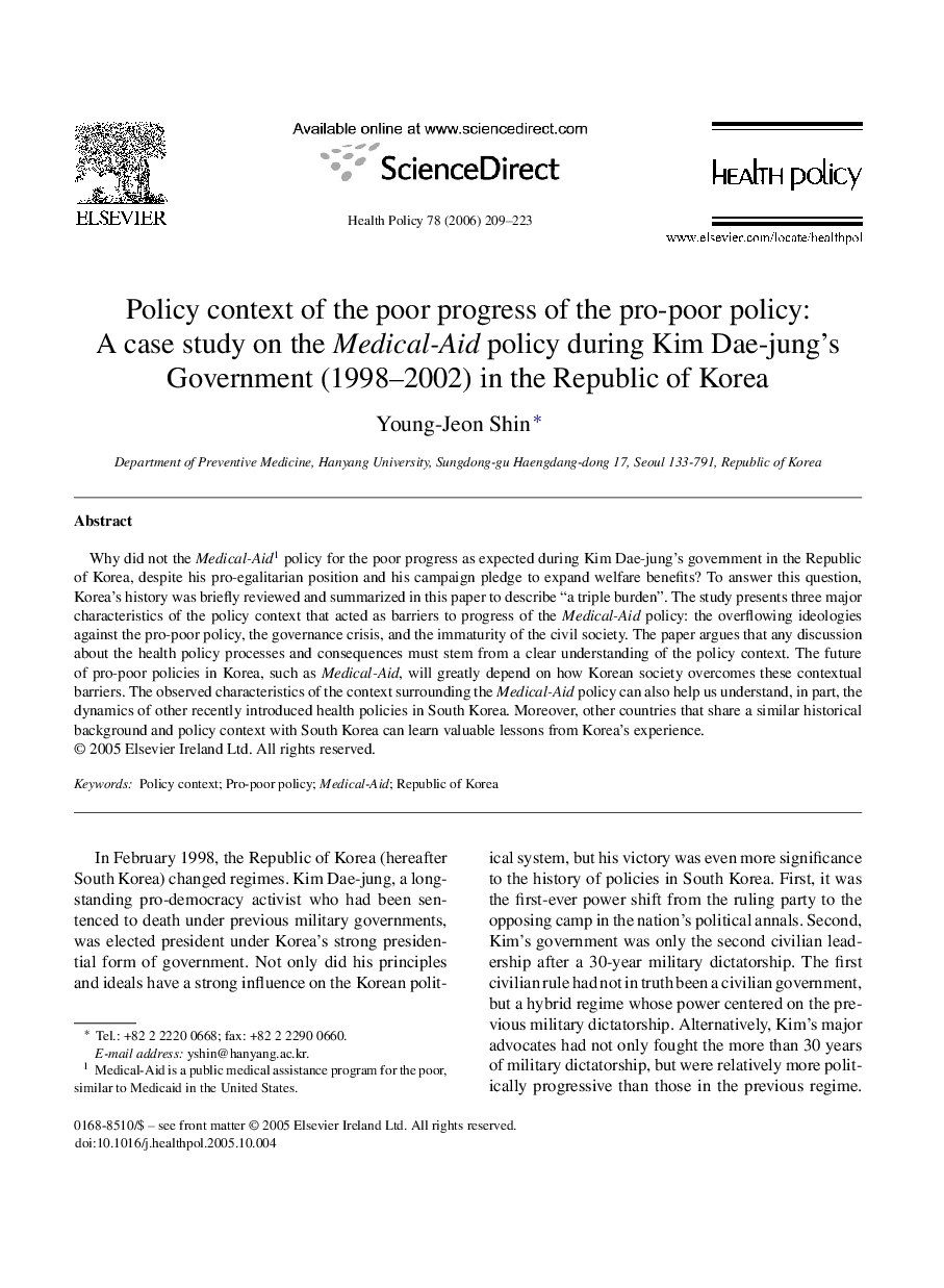 Policy context of the poor progress of the pro-poor policy: A case study on the Medical-Aid policy during Kim Dae-jung's Government (1998–2002) in the Republic of Korea