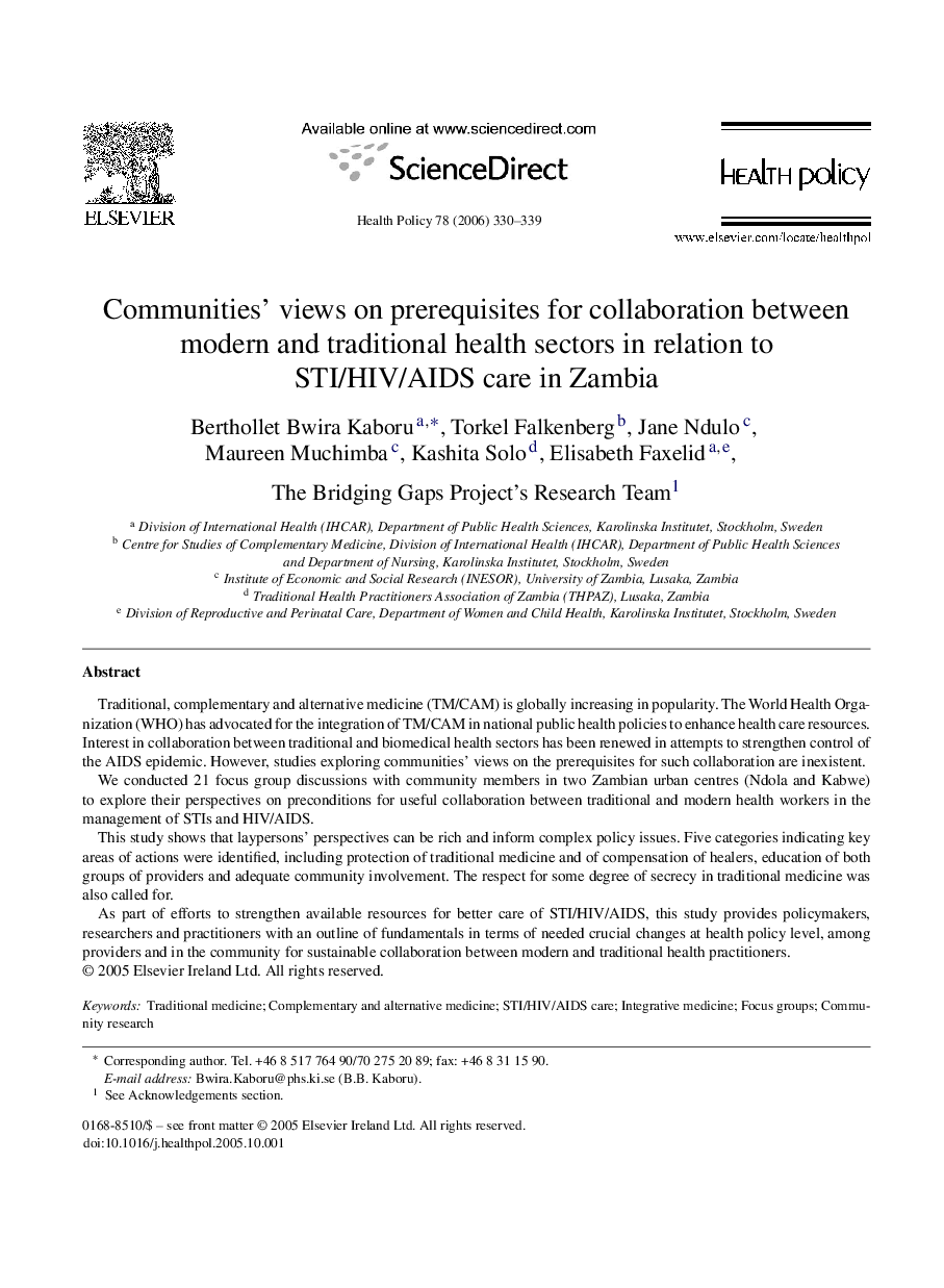 Communities’ views on prerequisites for collaboration between modern and traditional health sectors in relation to STI/HIV/AIDS care in Zambia