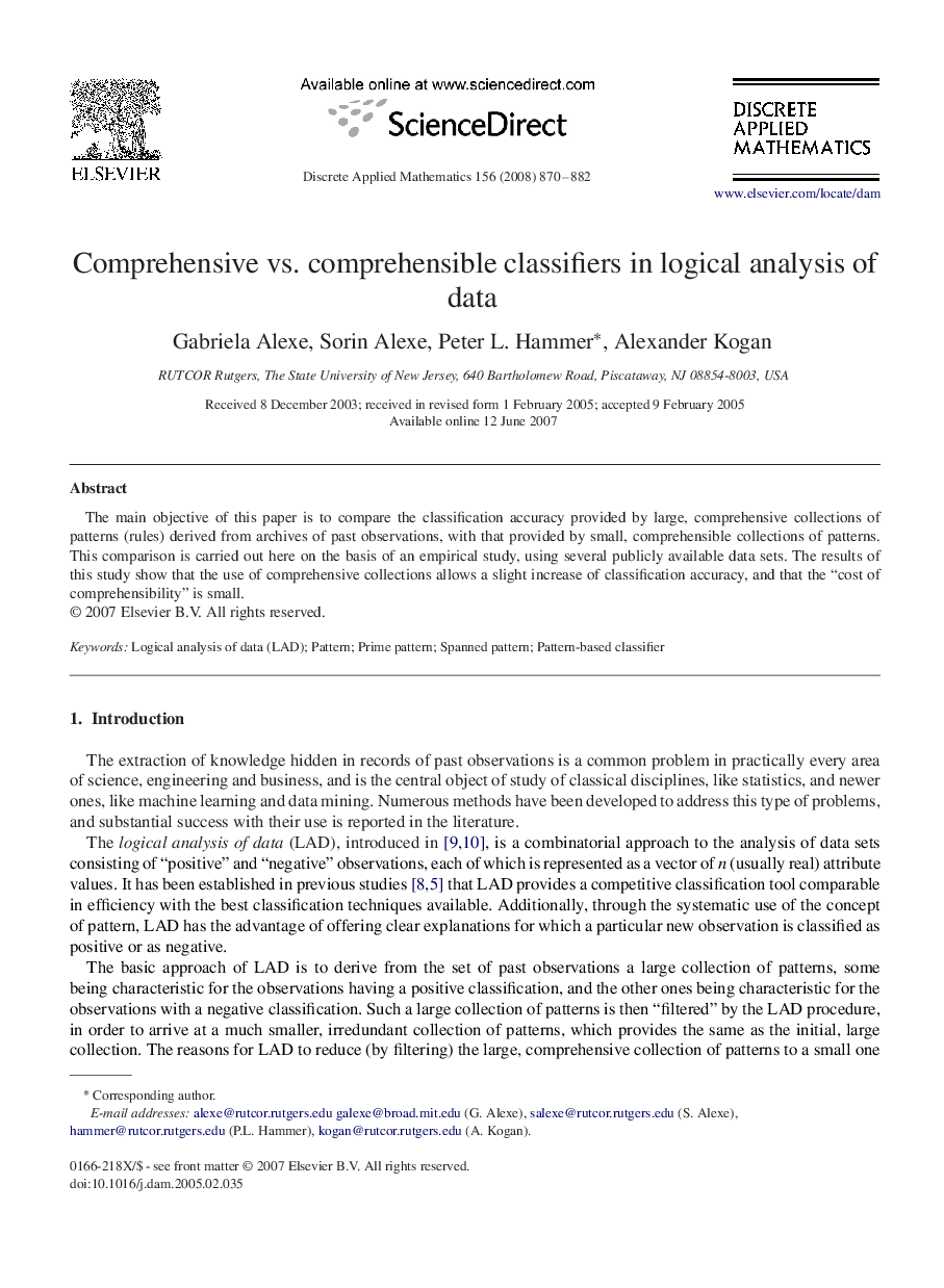 عکس صفحه اول مقاله: Comprehensive vs. comprehensible classifiers in logical analysis of data Comprehensive vs. comprehensible classifiers in logical analysis of data