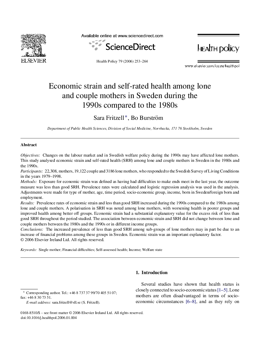 Economic strain and self-rated health among lone and couple mothers in Sweden during the 1990s compared to the 1980s