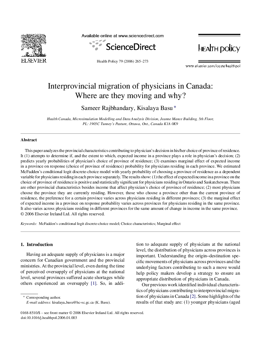 Interprovincial migration of physicians in Canada: Where are they moving and why?