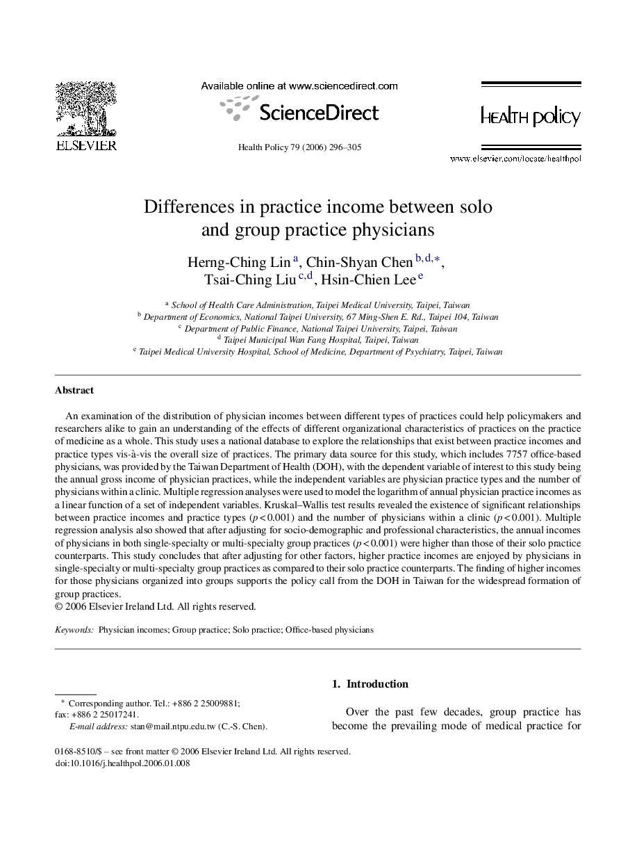 Differences in practice income between solo and group practice physicians