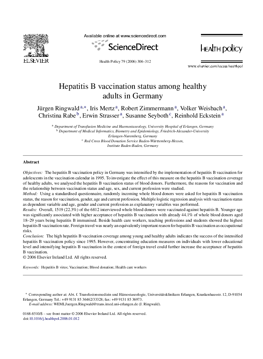 Hepatitis B vaccination status among healthy adults in Germany