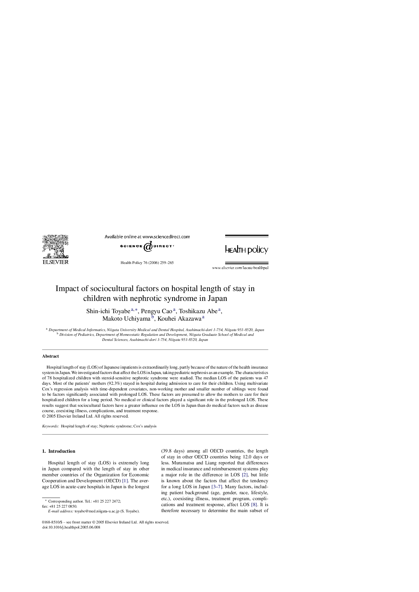 Impact of sociocultural factors on hospital length of stay in children with nephrotic syndrome in Japan