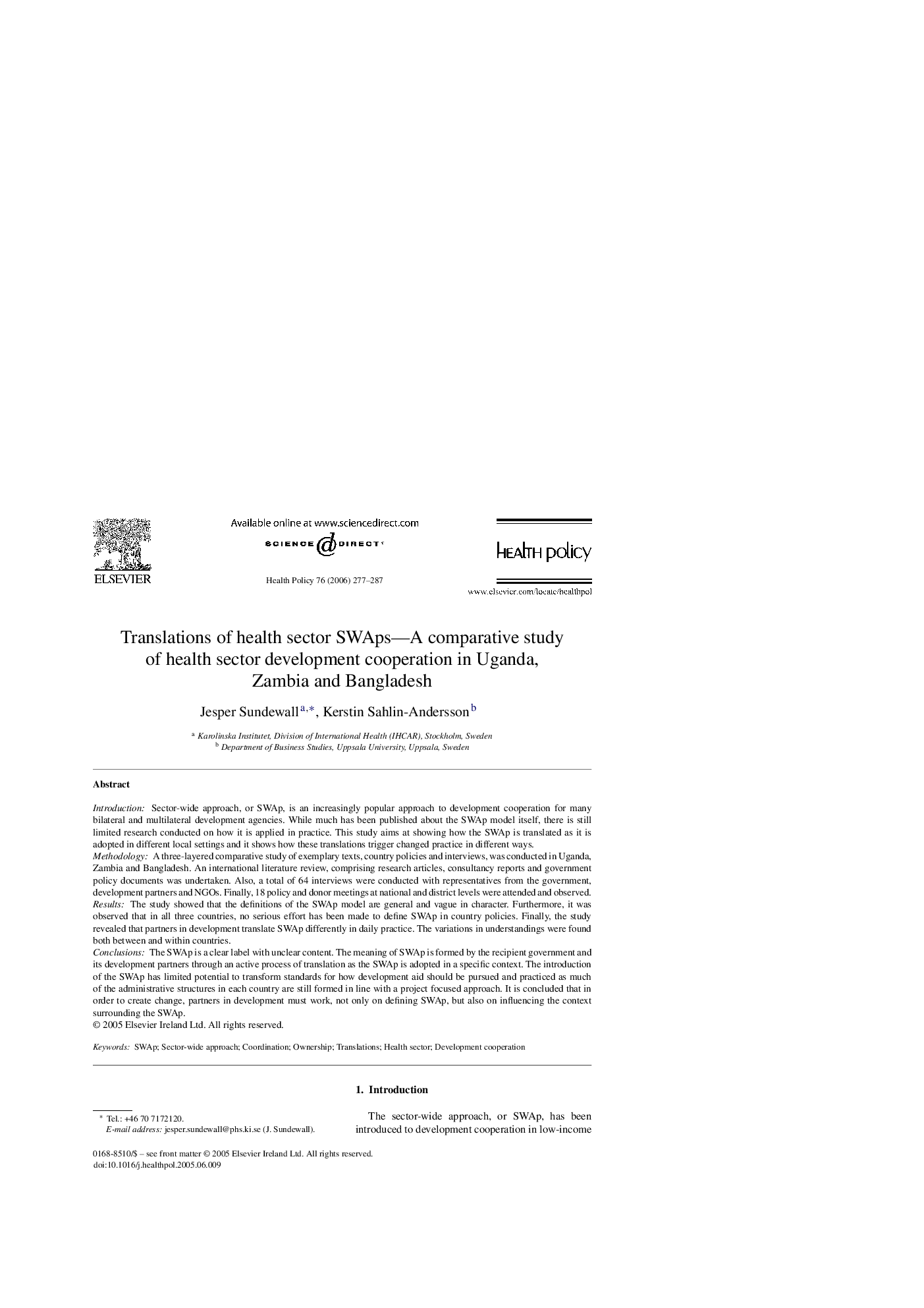 Translations of health sector SWAps—A comparative study of health sector development cooperation in Uganda, Zambia and Bangladesh