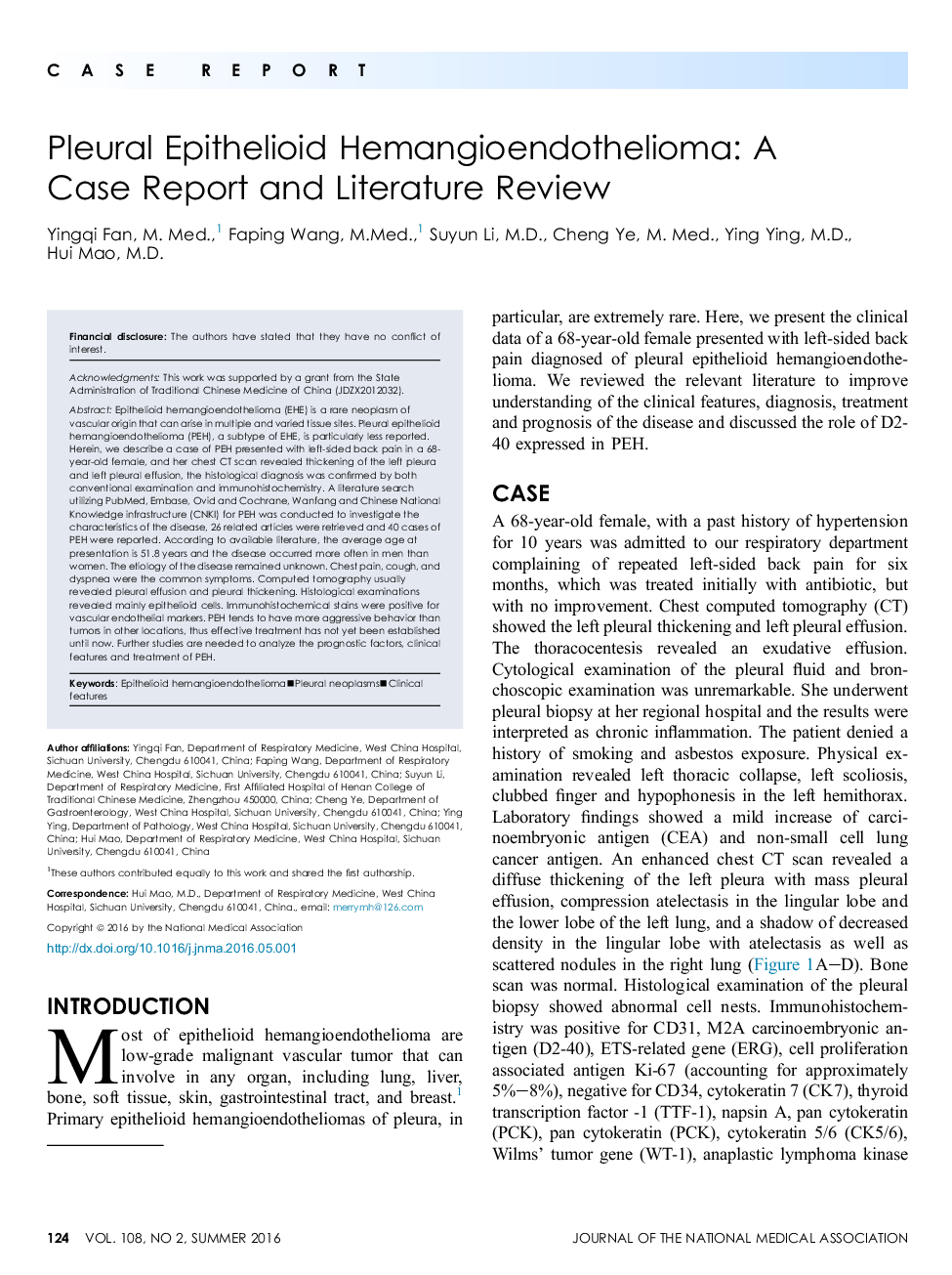 Pleural Epithelioid Hemangioendothelioma: A Case Report and Literature Review