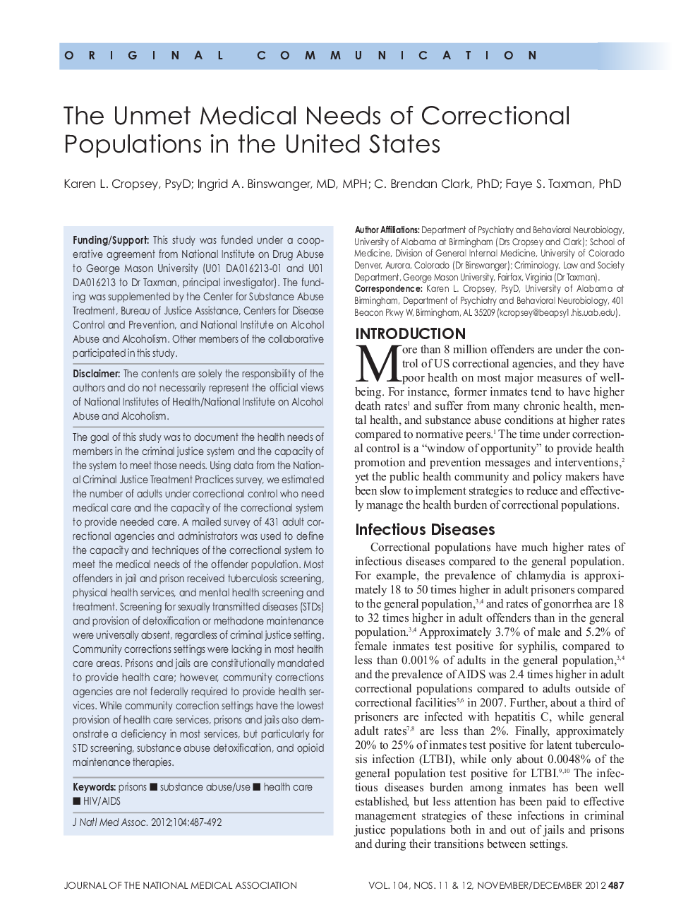 The Unmet Medical Needs of Correctional Populations in the United States