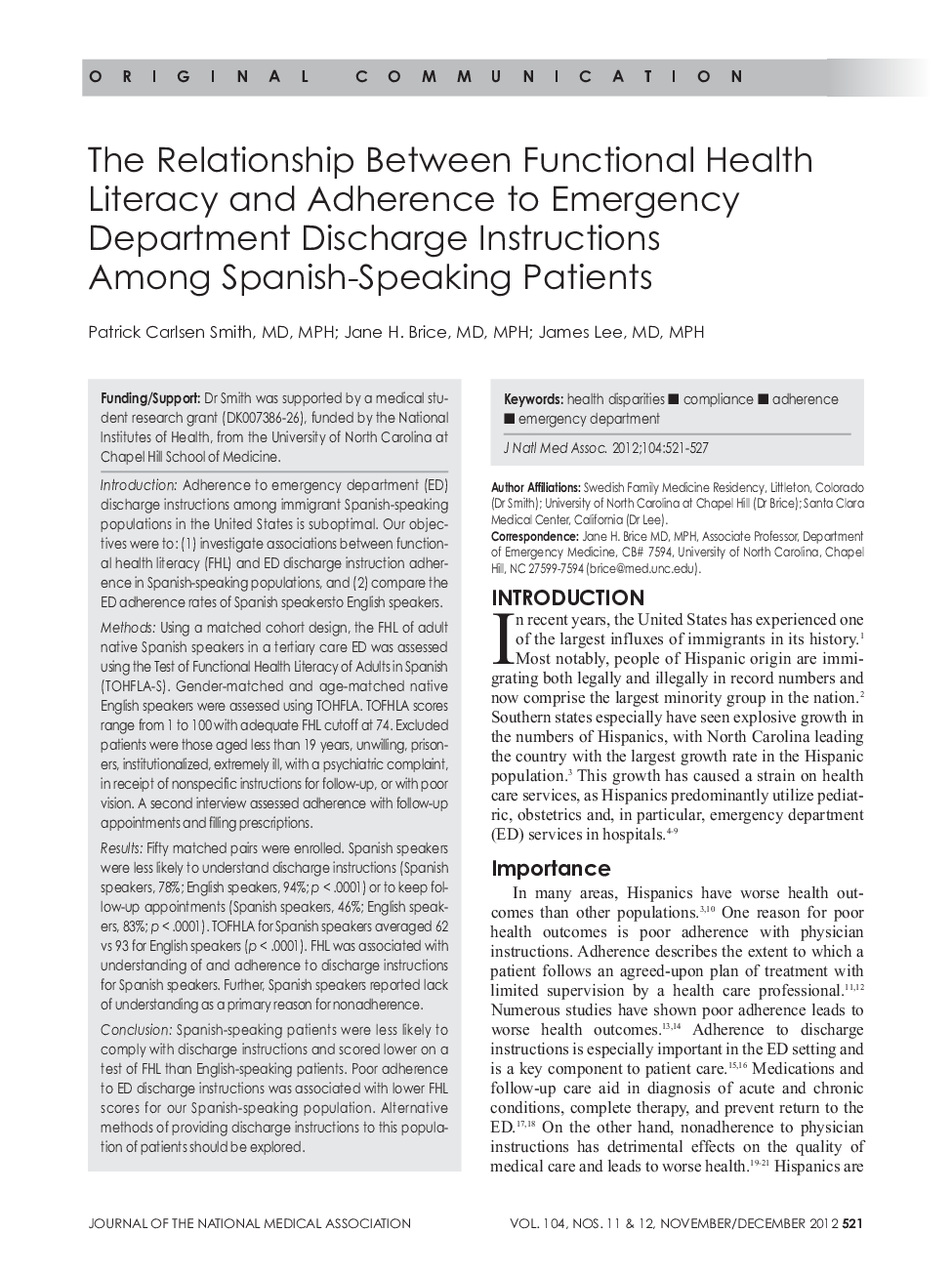 The Relationship Between Functional Health Literacy and Adherence to Emergency Department Discharge Instructions Among Spanish-Speaking Patients