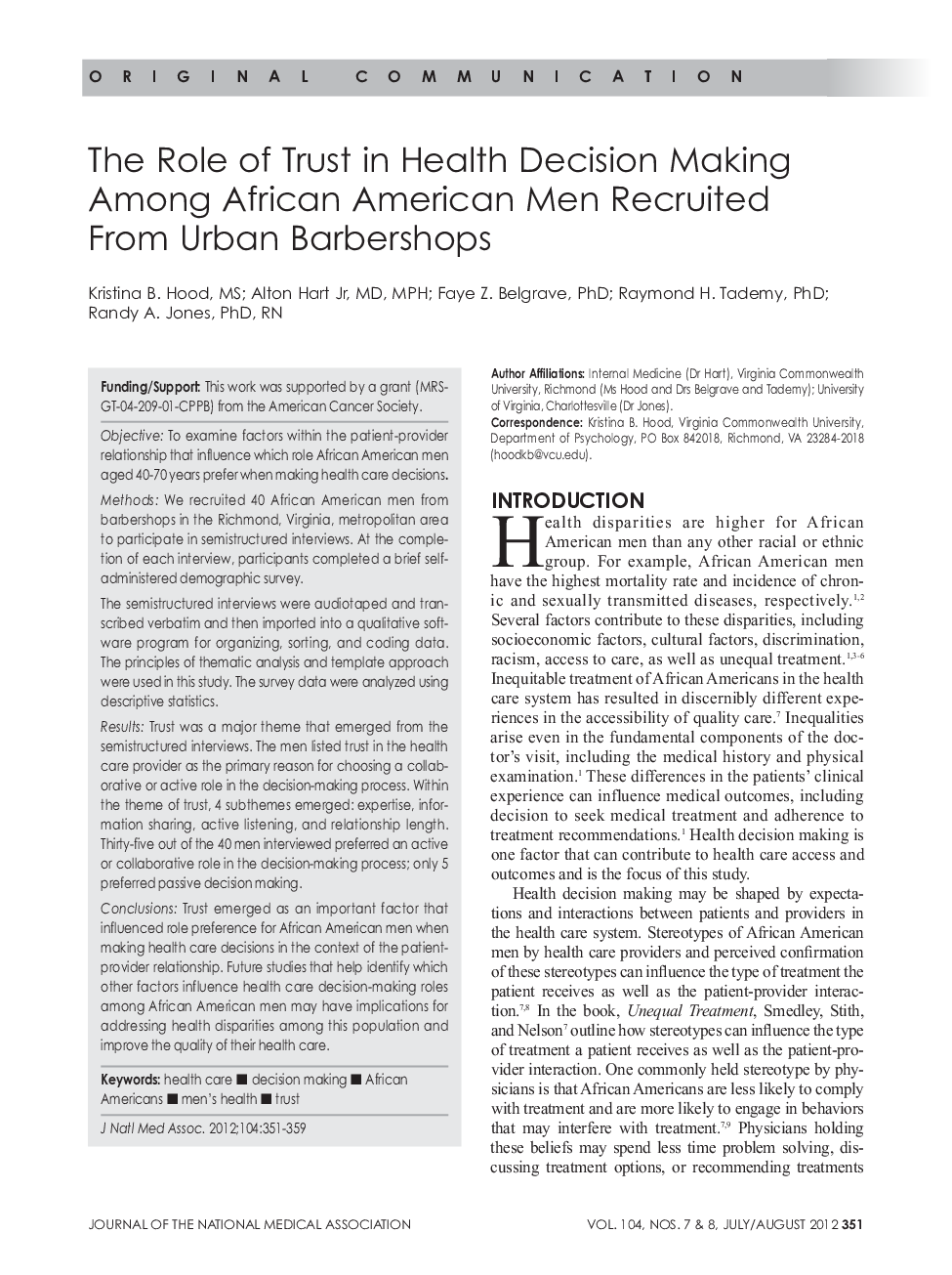 The Role of Trust in Health Decision Making Among African American Men Recruited From Urban Barbershops