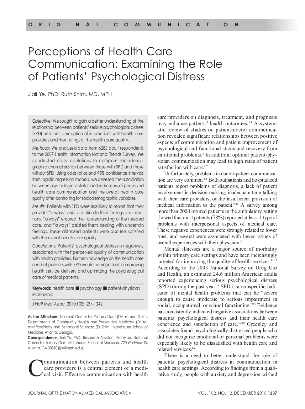 Perceptions of Health Care Communication: Examining the Role of Patients' Psychological Distress