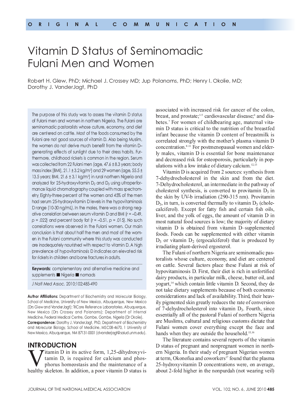 Vitamin D Status of Seminomadic Fulani Men and Women