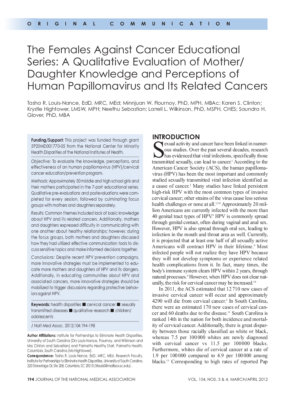 The Females Against Cancer Educational Series: A Qualitative Evaluation of Mother/Daughter Knowledge and Perceptions of Human Papillomavirus and Its Related Cancers