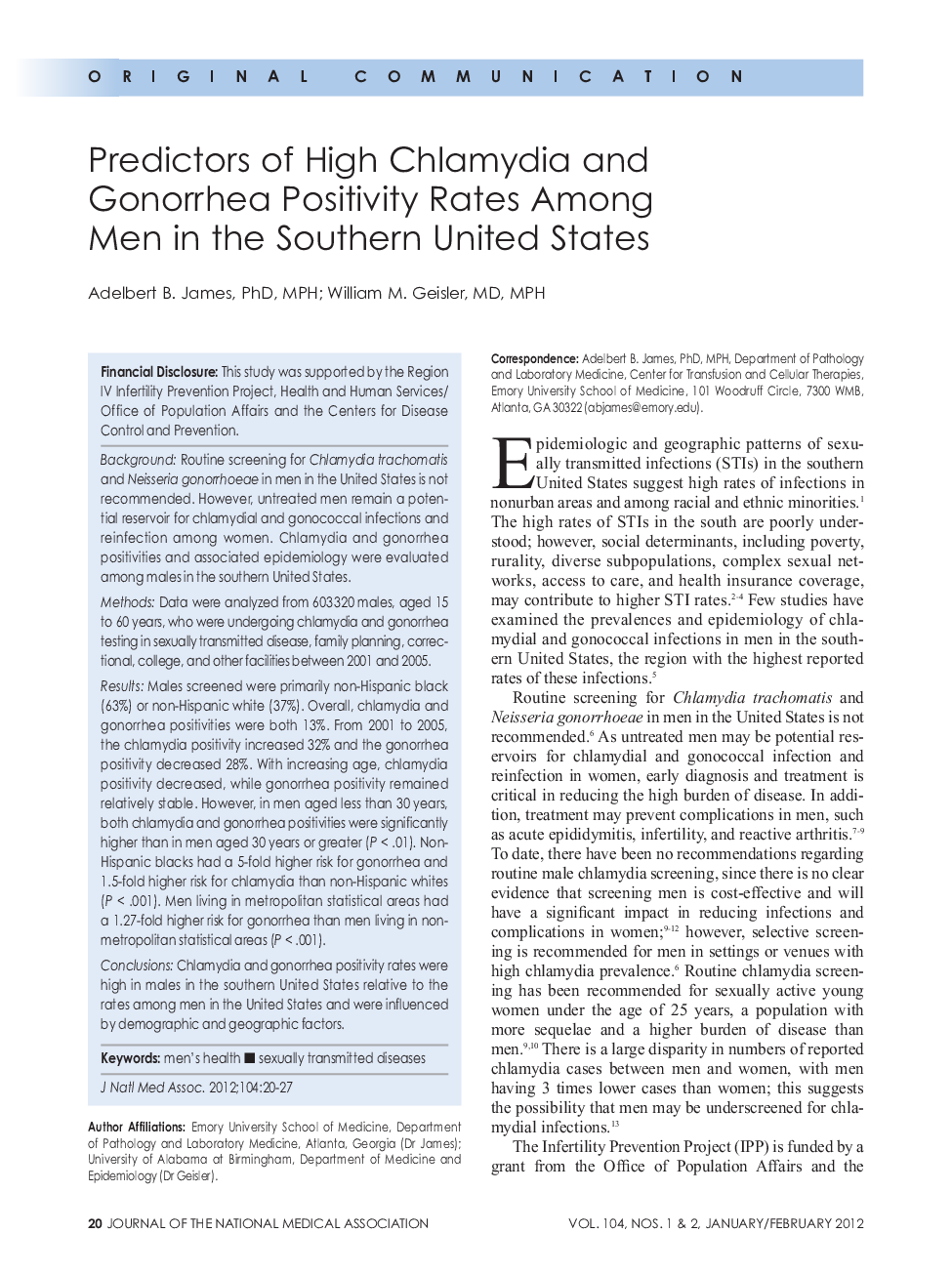 Predictors of High Chlamydia and Gonorrhea Positivity Rates Among Men in the Southern United States