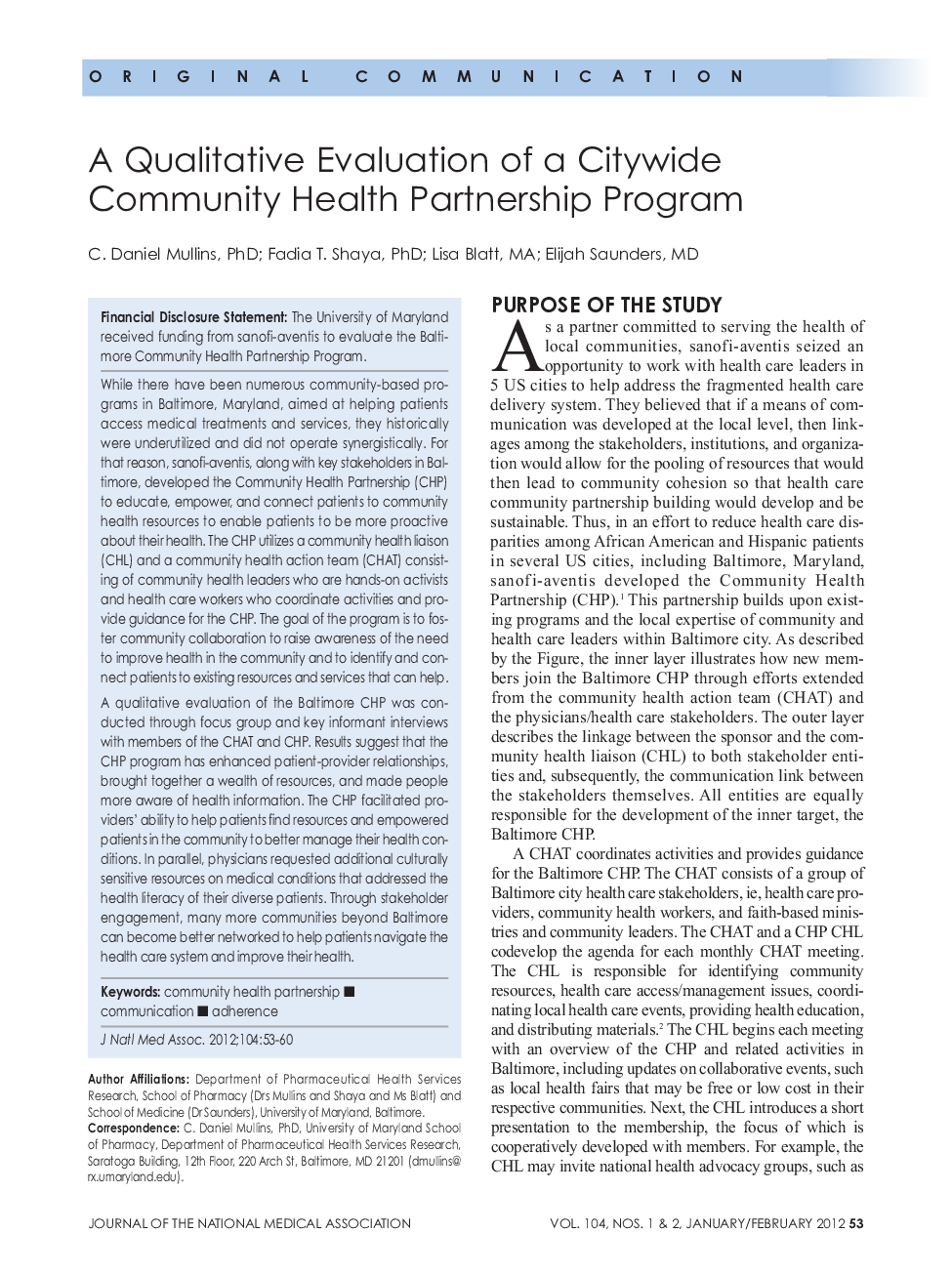 عکس صفحه اول مقاله: A Qualitative Evaluation of a Citywide Community Health Partnership Program A Qualitative Evaluation of a Citywide Community Health Partnership Program