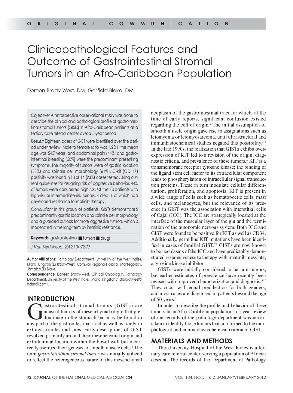 عکس صفحه اول مقاله: Clinicopathological Features and Outcome of Gastrointestinal Stromal Tumors in an Afro-Caribbean Population Clinicopathological Features and Outcome of Gastrointestinal Stromal Tumors in an Afro-Caribbean Population