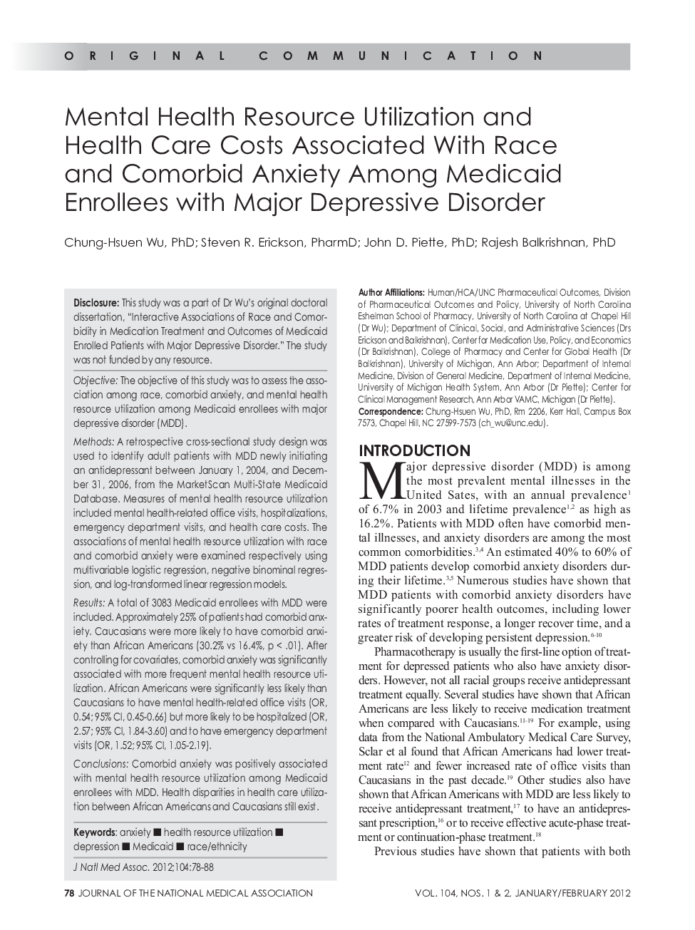 Mental Health Resource Utilization and Health Care Costs Associated With Race and Comorbid Anxiety Among Medicaid Enrollees with Major Depressive Disorder