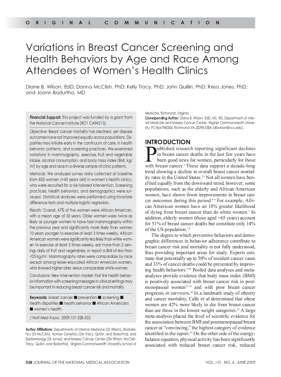 Variations in Breast Cancer Screening and Health Behaviors by Age and Race Among Attendees of Women's Health Clinics